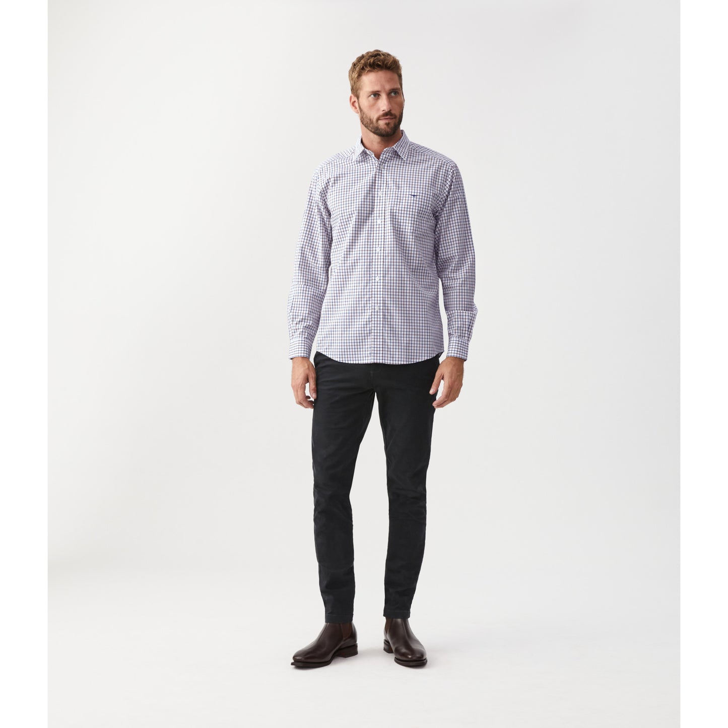 RM Williams Navy Burgundy White Collins Shirt