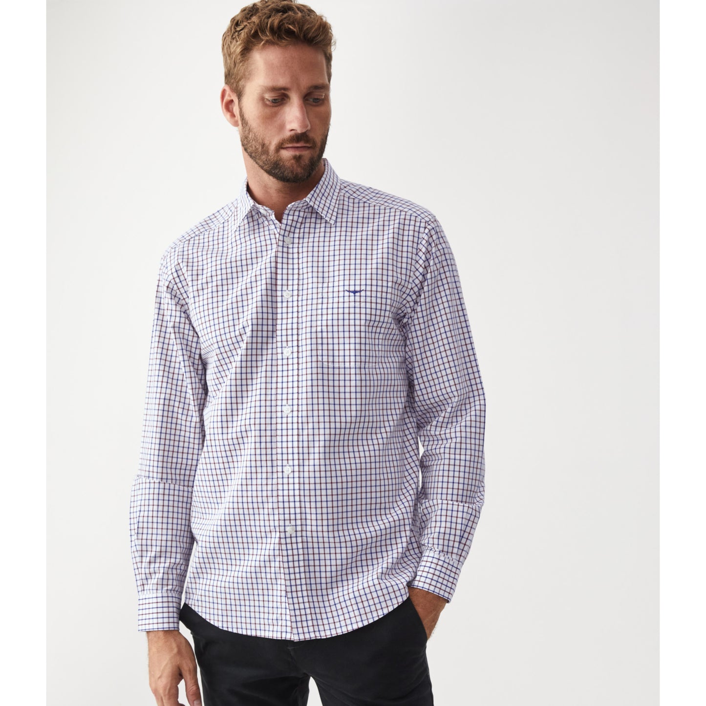 RM Williams Navy Burgundy White Collins Shirt