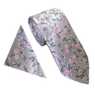 Wallace Floral Blossom Silver Pink Tie & Hankerchief Set
