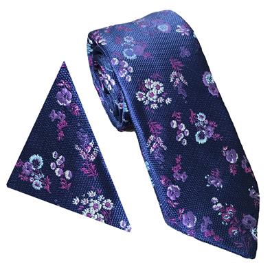 Wallace Wide Floral Navy Pink Tie & Hankerchief Set