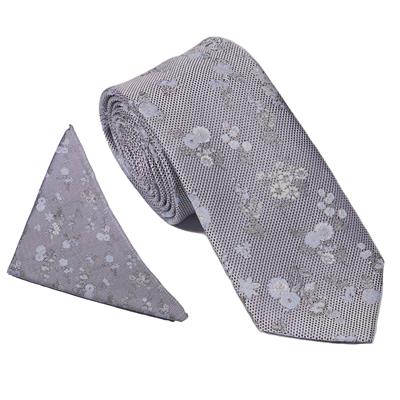 Wallace Wide Floral Silver Blue Tie & Hankerchief Set