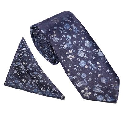 Wallace Floral Blossom Navy Blue Tie & Hankerchief Set