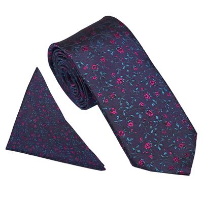 Wallace Tiny Floral Navy Pink Tie & Hankerchief Set