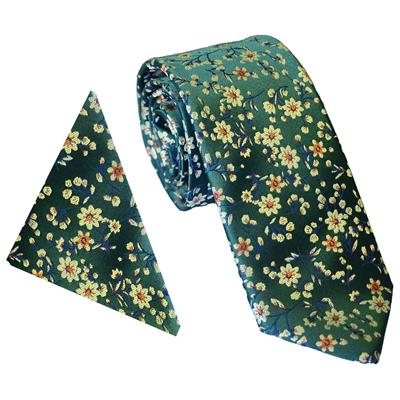 Wallace Floral Blossom Bottle Green Tie & Hankerchief Set