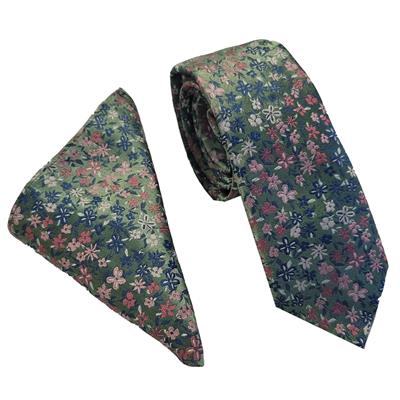 Wallace New Floral Mini Mid Green Tie & Hankerchief Set