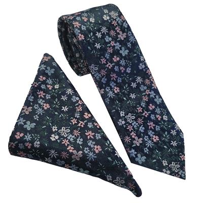 Wallace New Floral Mini Navy/Green Tie & Hankerchief Set