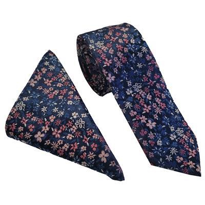 Wallace New Floral Mini Navy/Pink Tie & Hankerchief Set