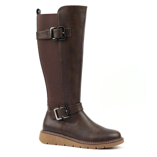 Lunar Devon Brown Full Elastic Wide Fit Long Boot Brown