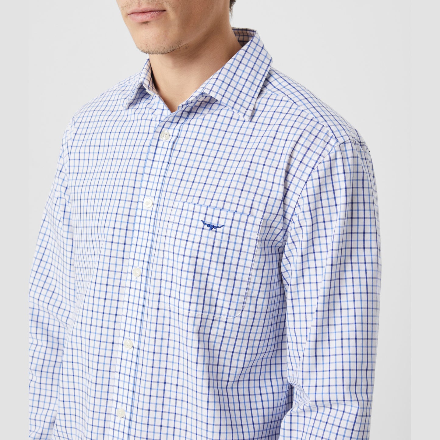 RM Williams Newland Blue Poplin Check Shirt
