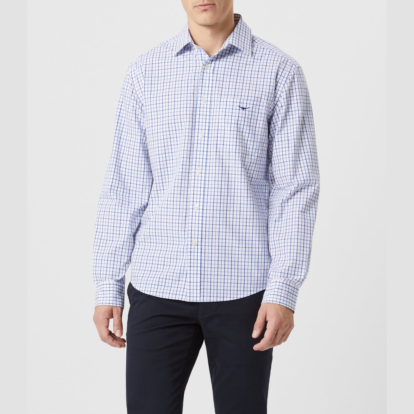 RM Williams Newland Blue Poplin Check Shirt