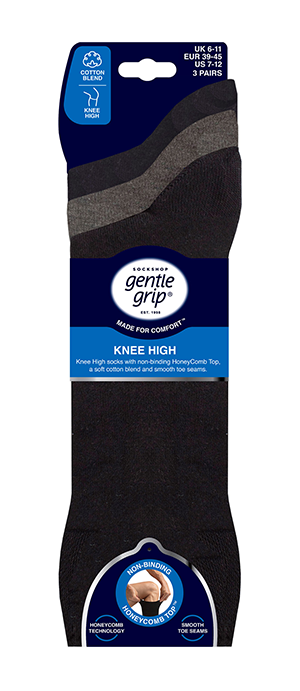 Gentle Grip 3 Pack Plain Knee High Socks - Black
