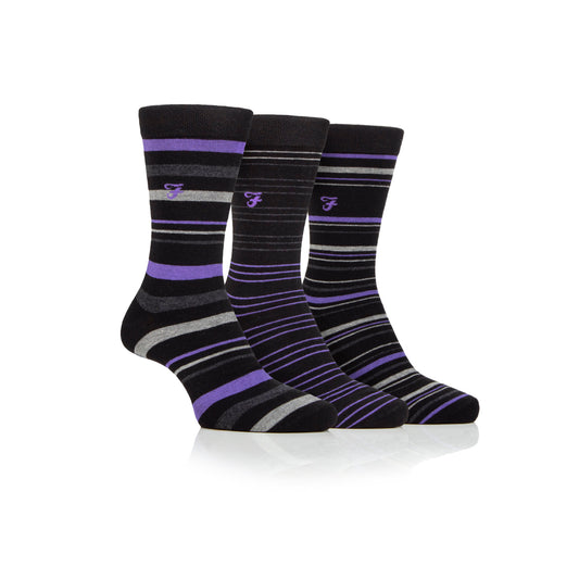 Farah Cotton Stripe Black/Purple 6-11 Sock 3 Pack
