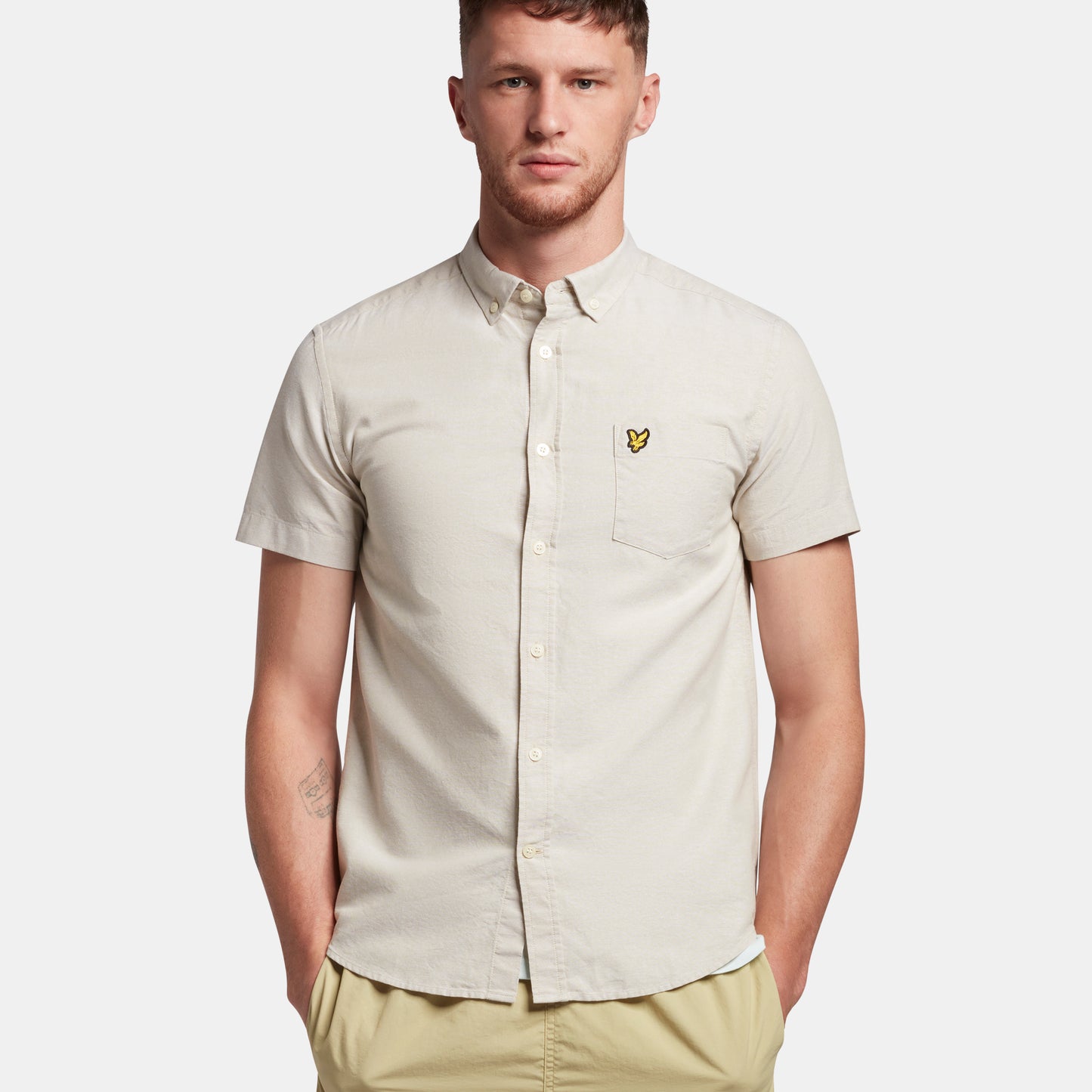 Lyle & Scott Sw1304Vog W614 Natural Green/ White Short Sleeve Light Weight Slub Oxford Shirt