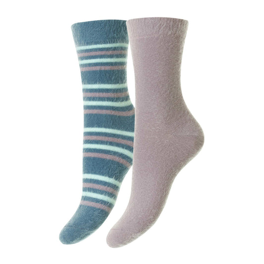 HJ Hall HJ503 Ladies Petrol / Lilac 2 Pack Fluffy Socks 4-7