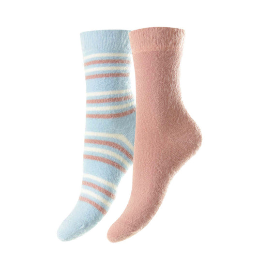 HJ Hall HJ503 Ladies Light Blue / Dusky Pink 2 Pack Fluffy Socks 4-7