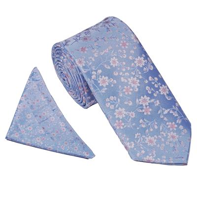 Wallace Floral Blossom Blue Tie & Hankerchief Set