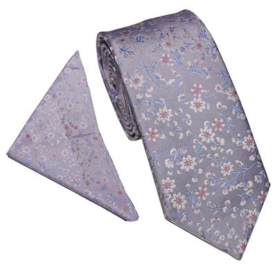 Wallace Floral Blossom Silver Blue Tie & Hankerchief Set