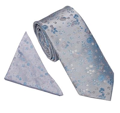 Wallace Woven Floral Blue / Teal Tie & Hankerchief Set