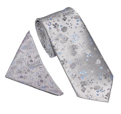 Wallace Woven Floral Silver / Blue Tie & Hankerchief Set